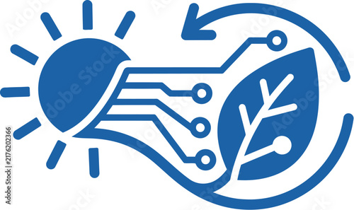 Renewable energy icon with sun and leaf, green technology circuit board vector, sustainable solar power and eco innovation symbol
