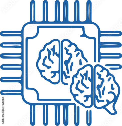 Artificial intelligence microchip icon, blue line art of human brain on computer processor, neural network technology vector