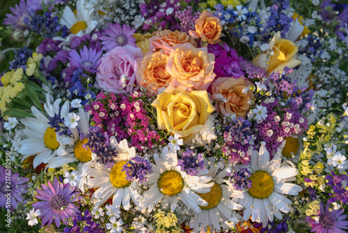Full Frame Close Up Of Colorful Rose And Daisy Flowers Bouquet