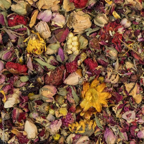 Square Background Of Colorful Dried Flower Petals And Potpourri