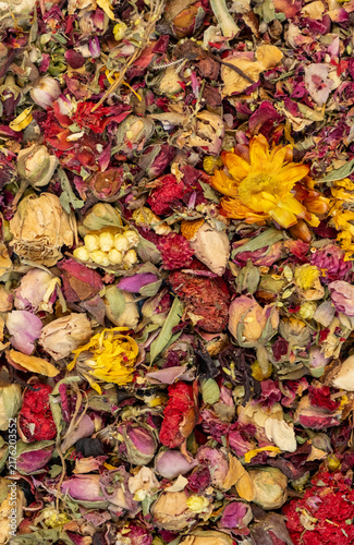 Vertical Close Up Of Dried Rose Petals And Marigold Potpourri Texture