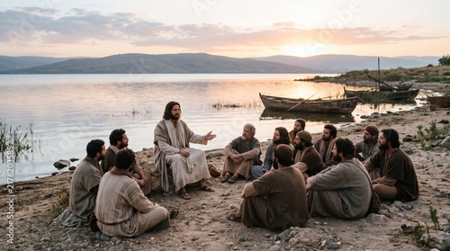Jesus teaching disciples by the sea at sunset with boats on the water and hills in the background
