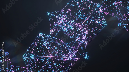 Abstract digital technology background with glowing cubes, neon lines, and interconnected nodes representing data flow, blockchain network, and futuristic cyberspace connectivity
