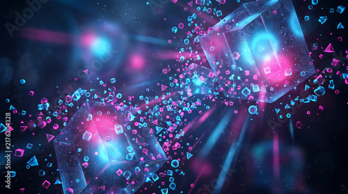Abstract digital background with glowing neon cubes and particles representing blockchain technology and high-speed data transfer in cyberspace