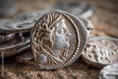Фотография Ancient greek silver drachma coin historical currency artifact