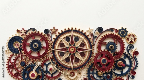 Intricate paper quilling gears and cogs representing labor, industrial teamwork, and mechanical precision. Decorative handcrafted cogs symbolizing craftsmanship and coordination.