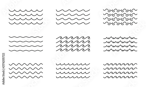 Black outline sea wave patterns set on white background representing ocean ripples flowing water currents and marine tide symbols for nature design projects.
