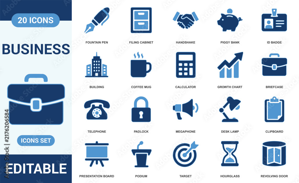 Naklejka premium Set of 20 business and office management icons in blue, featuring fountain pen, filing cabinet, handshake, piggy bank, id badge, building, coffee mug, calculator, growth chart, and briefcase