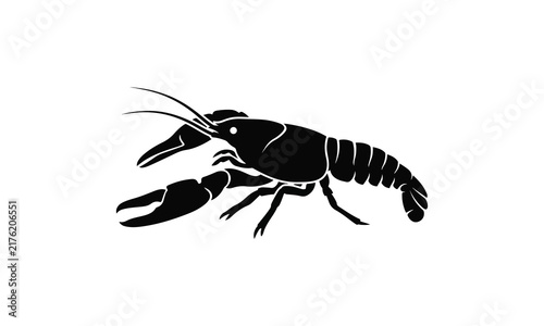 Black crawfish silhouette on white background, minimalist crayfish illustration showing claws and segmented body