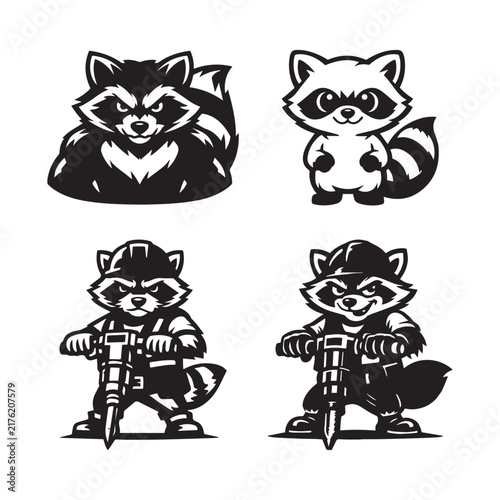 Set of four stylized raccoon silhouettes