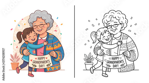 Foto Grandmother and Granddaughter Hugging, Holding Happy Grandparents Day Banner