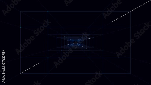 Sci-fi HUD Data Grid with Glowing Blue Lines and White Light Streaks Tunnel Motion Zooming for Cyberpunk Tech Overlay