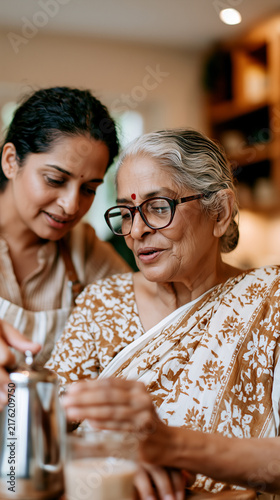 Elderly woman receives gentle assistance from her adult daughter while preparing tea at home, capturing warmth, family connection and everyday caregiving.