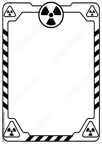 Bild auf Leinwand Radioactive hazard warning frame featuring black and white radiation symbols wit