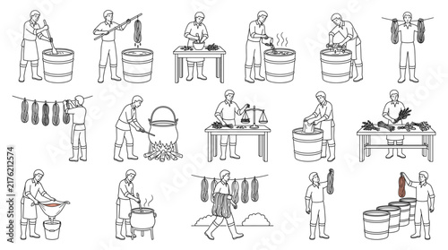 Natural dyer coloring yarn line art set craftsman textile dyeing activities vector illustration