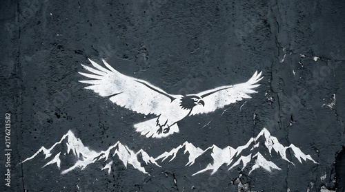 White eagle stencil soaring over mountain peaks, minimalist street art on textured charcoal wall, freedom and wilderness symbol, edgy urban graffiti wallpaper.