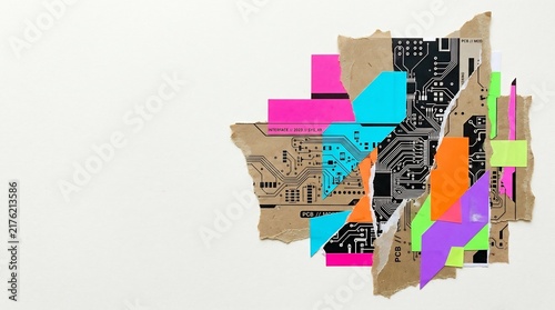 Abstract PCB circuit board collage with torn paper and neon geometric shapes. Cyberpunk technology aesthetic, mixed media glitch art, creative digital interface wallpaper design.