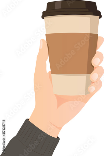 A hand in a sweater holding a large cup of aromatic coffee to go
