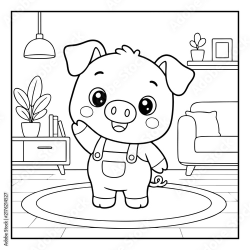 Piglet coloring page featuring a cute cartoon pig character waving hello inside a cozy modern living room sketch illustration