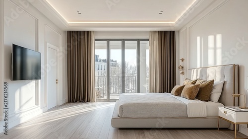 Modern bedroom with TV and balcony view