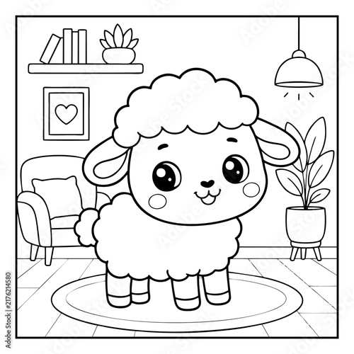Sheep coloring page for children featuring a cute baby lamb standing in a cozy living room line art illustration