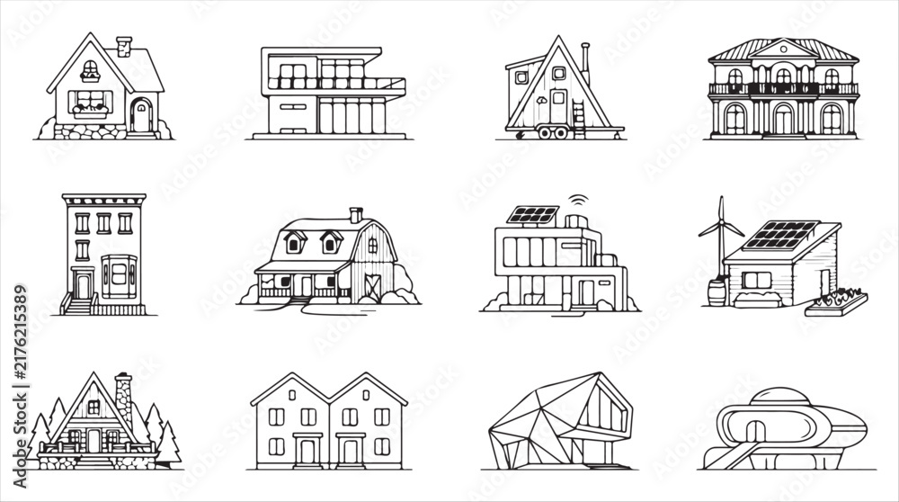 Obraz premium Architectural House Types and Residential Buildings Line Icon Set