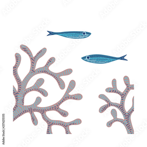 Hand drawn illustration features corals and sardines using textured brushstrokes.The illustration shows several corals and stylized fish. A trendy design for advertising, labels, and posters.