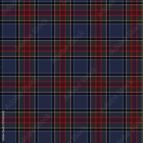 Seamless dark blue, red, and yellow plaid tartan pattern background vector illustration featuring a traditional check grid and stripe texture.