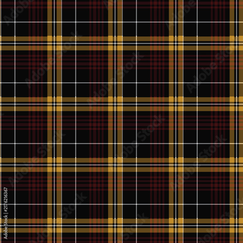 Seamless black, yellow, and red plaid tartan pattern background vector illustration featuring classic check and stripe lines.
