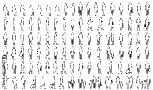 Standing and walking people outline figures for architectural CAD entourage