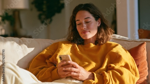 Woman in Yellow Sweater Using Cell Phone, Relaxed Posture