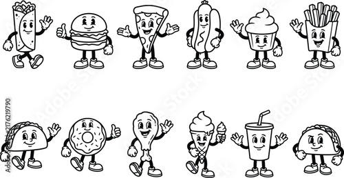 Collection of twelve funny fast food characters in retro line style.