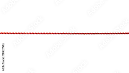 Red String Connection: A vibrant red string lies horizontally, symbolizing fate, connection, or a boundary, against a clean white background.