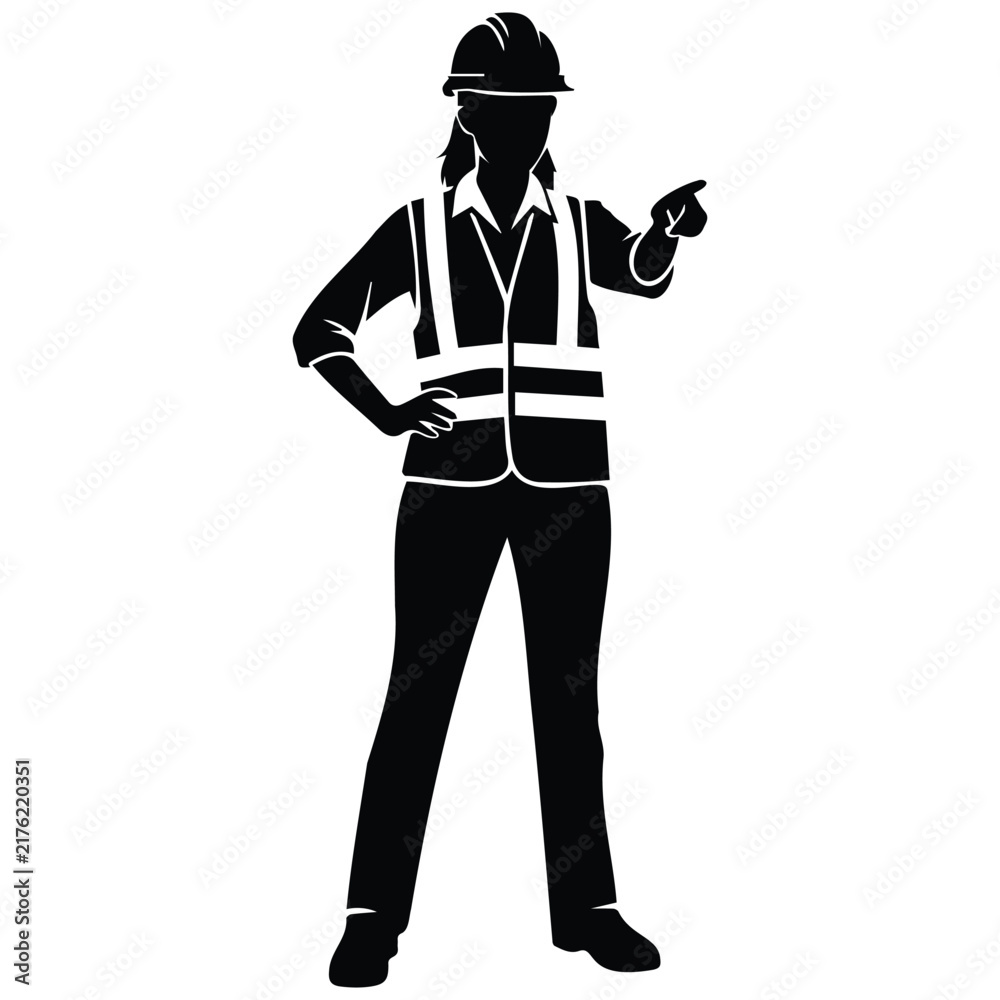 Obraz premium Female construction site manager silhouette vector illustration for safety supervision work.