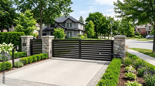 Modern black metal driveway gate with stone pillars at a luxury suburban home entrance