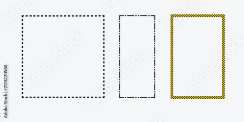 Three distinct geometric borders with varying line styles and patterns on a neutral background