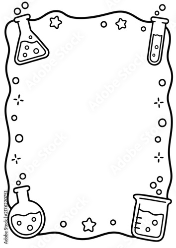 Science laboratory border frame featuring black and white hand drawn chemistry beakers test tubes and stars for school project pages