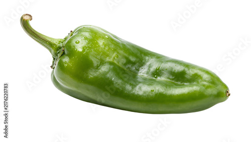 Padrón Pepper: A single, vibrant green Padrón pepper with a curved stem rests on a white background, showcasing its fresh, slightly wrinkled texture.