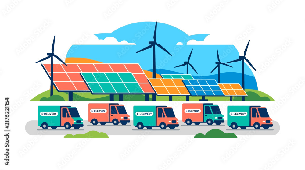 Naklejka premium Green Energy Logistics Concept with Electric Delivery Vans, Solar Panels, and Wind Turbines Vector Illustration