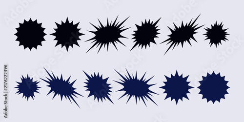 Comic explosion starbursts set dark blue retro action blast shapes and sound effect silhouettes