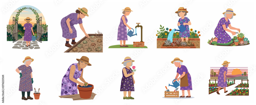 Naklejka premium Elderly women gardening vector illustration set, senior female characters planting flowers and watering plants in the garden