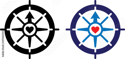 Vector illustration of Nautical compass rose with heart center, maritime navigation icons in black and blue, 2 vector elements for travel and romance isolated on Transparent Background