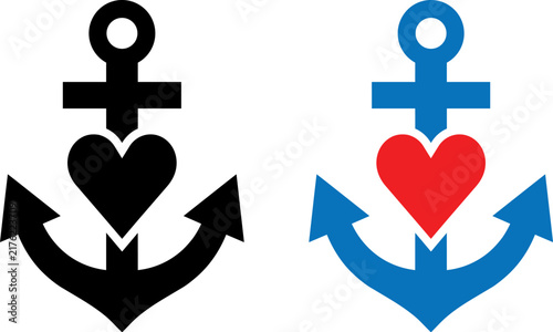 Vector illustration of Nautical anchor with heart symbol, maritime love icons in black and blue, set of 2 vector illustrations for sailing and romance isolated on Transparent Background