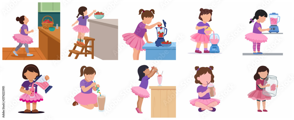 Fototapeta premium Cute Little Girl Making and Drinking Strawberry Smoothie Illustration Set