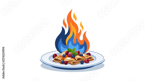 Flaming Crepes Dessert Vector Illustration