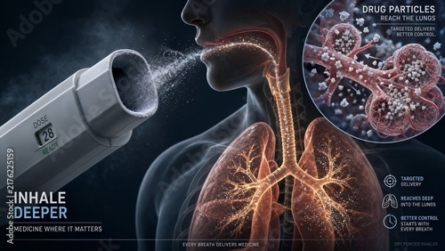 Dry powder inhaler mouthpiece with a zoomed inset showing medication particles traveling through airways to reach the lungs visible in the background