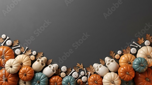 Halloween background with assorted pumpkins skulls bones arranged along the bottom edge against a dark grey surface halloween decoration orange pumpkin white pumpkin human skull flat lay