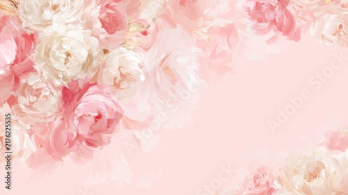 Delicate blush floral border of peonies and roses, soft text area for invitations and celebration cards