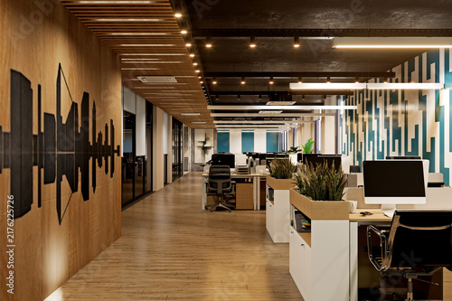 Modern Luxury Office Interior Design with Open Workspace and Geometric Accent WalL