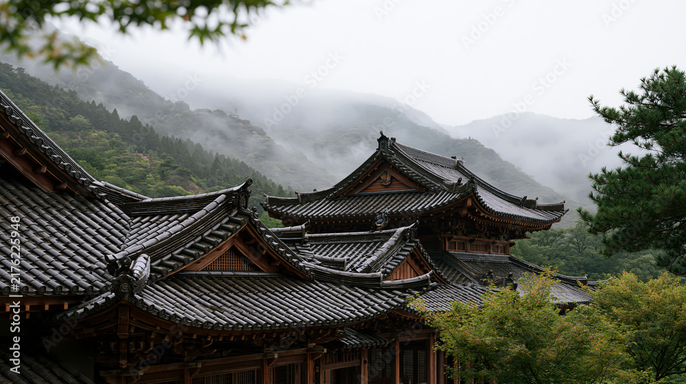 Fototapeta premium Picturesque Traditional East Asian Temple Rooftops Surrounded by Green Trees and Misty Mountain Slopes